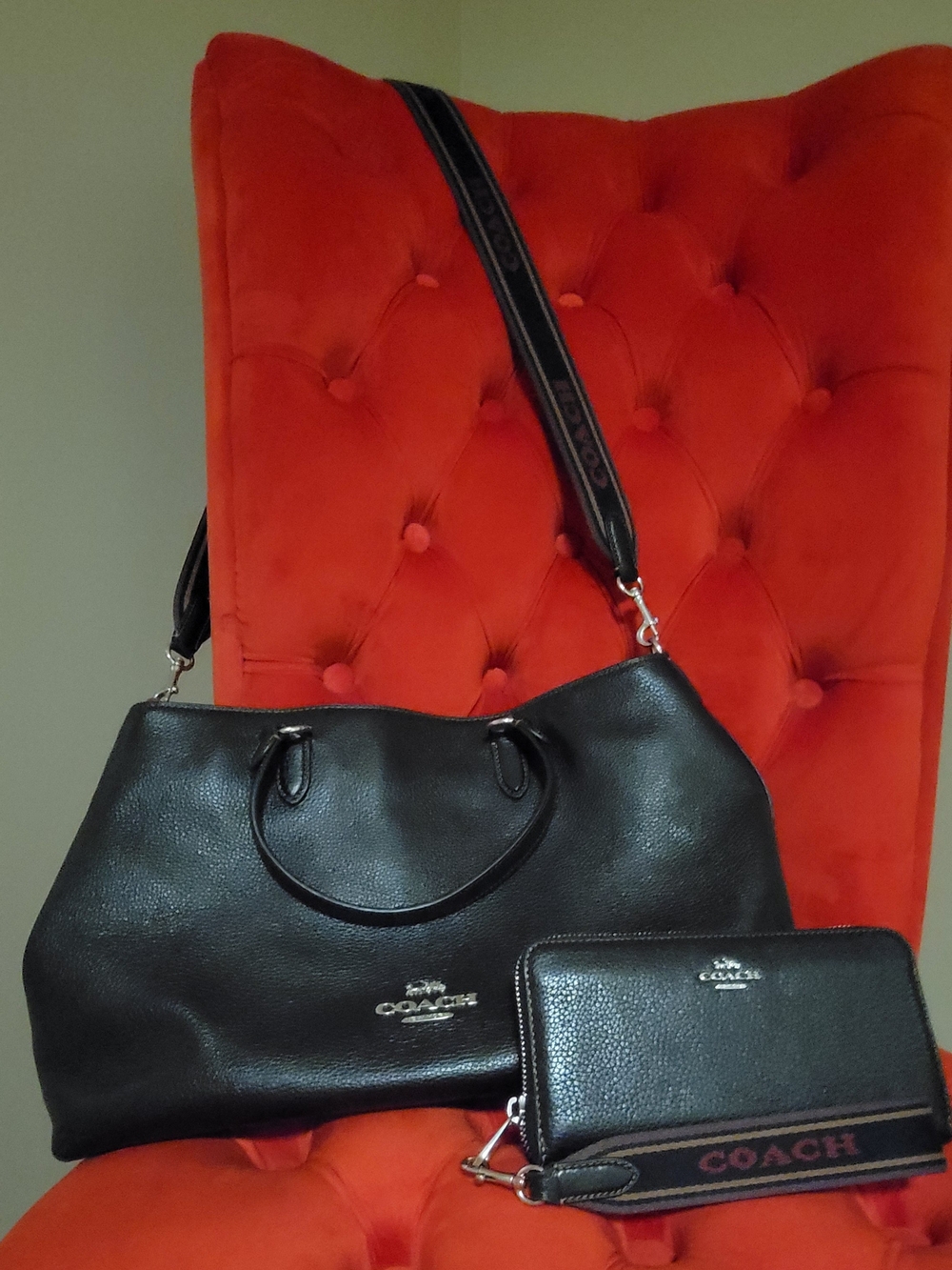COACH Logan Black Pebbled Leather Tote with Matching Wallet